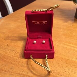 Talbots faux pearl stub earrings in classic red gift box. New in box.